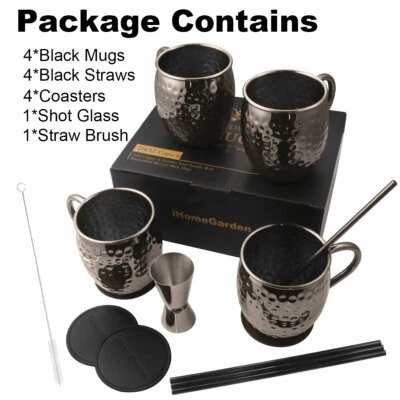 ENVÍO A EE. UU. 4 piezas Juego de tazas de cobre Moscow Mule tazas con asas pajitas posavasos cepillo Foto 1 de 4