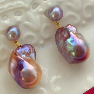 HUGE REAL NATURAL PURPLE KESHI BAROQUE PEARL DANGLE GOLD STUD EARRINGS AAA - Picture 1 of 8