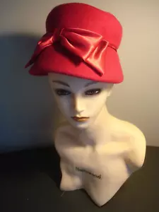 Vintage Cranberry Colored W/ Satin Bow 100 % Wool Hat - Picture 1 of 8