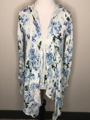Copper Key Floral Kimono Textured Jacket Small Blue Floral Ivory Top Cotton Hood - Image 1 of 4