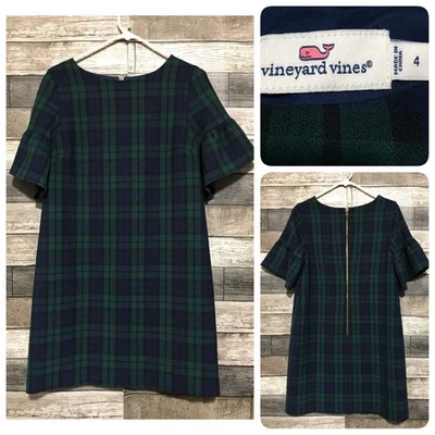 Vestido para mujer Vineyard Vines tartán a cuadros manga acampanada 4 azul verde forrado B2 Foto 1 de 4