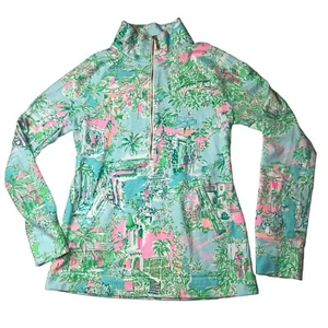 LILLY PULITZER Half-Zip Pullover Mock Neck Sweatshirt Green Pink Tropical Floral - Picture 1 of 15
