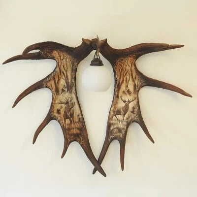 Large Moose Antler Wall Sconce with Carvings shows Deers - Image 1 of 4