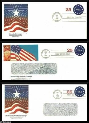 Lot of 3 FDC 25c Security Envelope Window US Flag Cachet Washington DC 1989 - Image 1 of 4