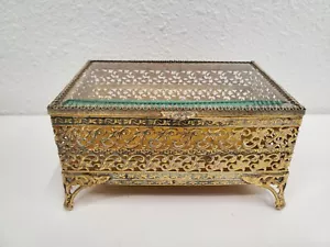 Vintage Gold Tone Filigree Jewelry Box with Beveled Glass Trinket Vanity*chips - Picture 1 of 15
