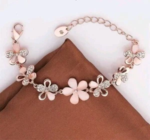 Elegant Flower Rose Gold Plated Alloy Charm Bracelet With Cubic Zirconia - Picture 1 of 6