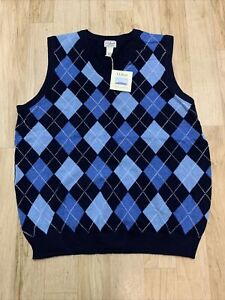 LL Bean Men's V neck Argyle Print Lambswool Knit Vest Navy Blue Size XXLT