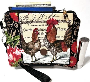 Rooster-Chicken-Farm-Handmade-Money-Coin-ID-Credit Card-Wristlet-Purse-Pouch - Picture 1 of 6