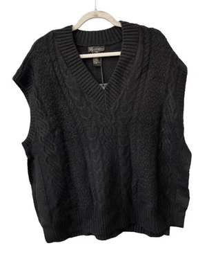 Chaleco Suéter Tejido con Cable DG2 por Diane Gilman Talla Mediana Cuello en V Negro Acogedor NUEVO Foto 1 de 4