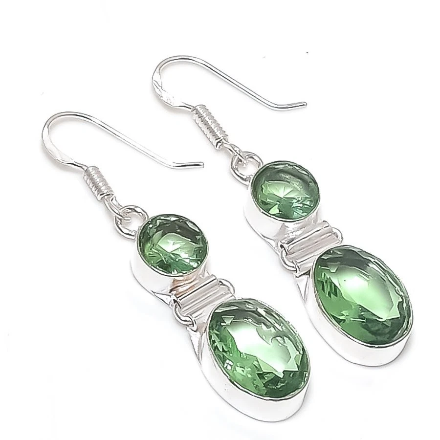 Brincos de prata esterlina 925 feitos à mão com pedra preciosa de ametista verde tamanho 1,8" - Imagem 1 de 1