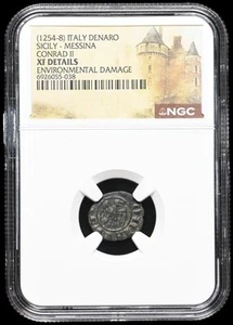 ITALY, Kingdom of Sicily. Conrad II. 1254-1258, Billon Denaro, Messina, NGC XF - Picture 1 of 2