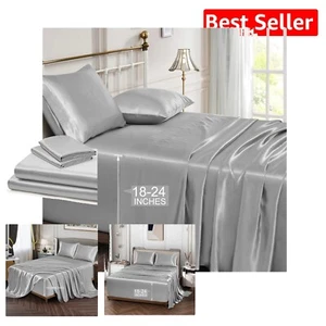 Luxurious Silver Grey Satin Sheets Set - King, Extra Deep Pocket & Silky Touch - Picture 1 of 9