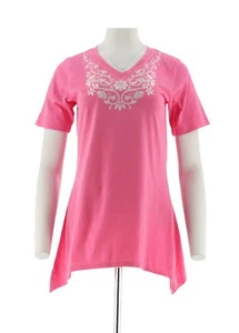 Camicia donna manica corta - orlo a trapezio, ricamato, maglia top rosa azalea XXS - Foto 1 di 7