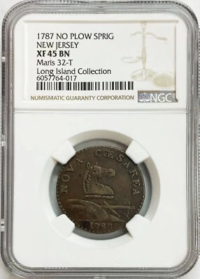 1787 NEW JERSEY COPPER NOVA CAESAREA NO PLOW SPRIG COLONIAL COIN NGC XF 45 BROWN - Image 1 of 2