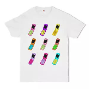 Millennial T-shirt - Neon Multicolor Flip Phone Y2K 2000s - Picture 1 of 44