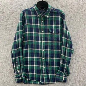 FIVE FOUR Shirt Mens Large Plaid Button Up Long Sleeve Green Blue Linen Blend - Picture 1 of 9