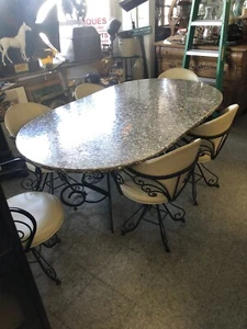 Vintage Lucite  Abalone Sea Shell Table 6 Swivel Chairs Italian Wrought Iron - Picture 1 of 7