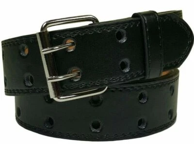 Kids Leather Two Rows Double Holes Black Belt Boys Girls Youth 1.25" Wide - Image 1 of 3