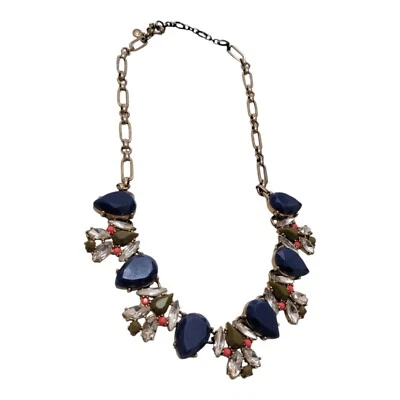 J. Crew Blue Green Crystal Cluster Multifaceted Statement Necklace Gold Tone - Image 1 of 4