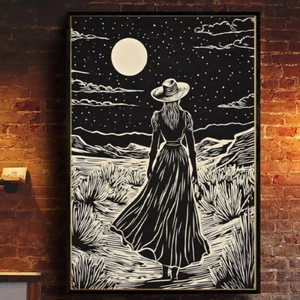 Mystical Moonlit Woman Poster – Black & White Western Night Art Poster - Picture 1 of 5