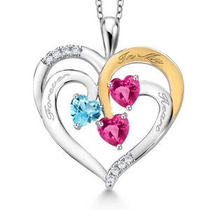 1.75 Ct Swiss Blue Topaz Pink Created Sapphire Rhodium Plated Pendant with Chain - Picture 1 of 3