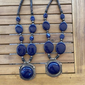 2 PIECE WHOLESALE LOT ETHNIC BOHO INDIA NECKLACE BLUE AND WOOD BEADS 22” - Picture 1 of 6