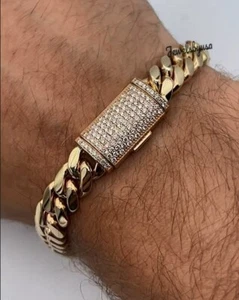 VVS Moissanite Men's 10mm x 8" Cuban Link Bracelet 14k Yellow Gold Plated Silver - Picture 1 of 6