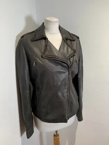 Max Mara brown biker jacket UK 12 VGC leather classic asymmetrical ruffle trim - Picture 1 of 13