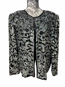 NWT Vtg LAWRENCE KAZAR Women’s Large Silk Cocktail Jacket Black/Silver Sequins - Picture 1 of 11