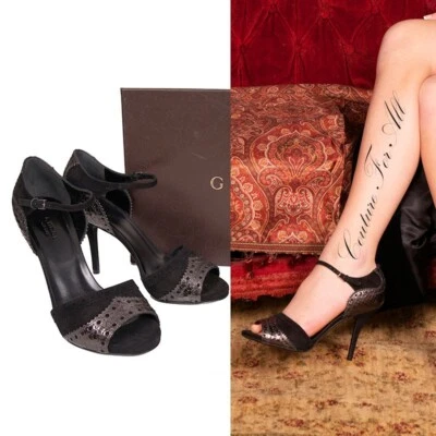 talla 38 NUEVO $950 GUCCI Negro PLATA PITÓN Negro Gamuza BROGUE MARY JANE 4" TACONES Foto 1 de 4
