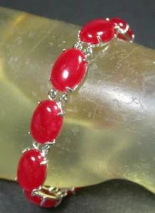 Fashion Red Jade Cabochon Beads White Gold Plated Link Clasp Bangle Bracelet - Picture 1 of 4