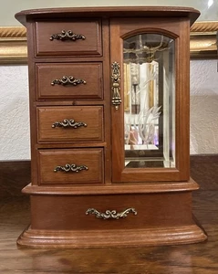 90s VTG Floral Etched Glass Wooden Jewelry Cabinet Box Case Chest Drawers  12” - Picture 1 of 15