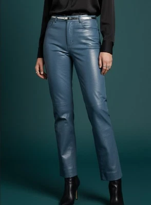 Calça de Couro Vintage Rem Garson Tamanho 10 Azul Macia Rocker Forrada Moto Biker 156 - Imagem 1 de 4