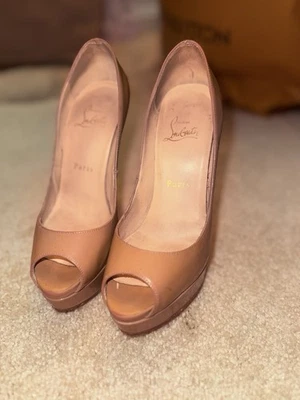 Christian Louboutin Lady Peep Toe 150 Patent Calf Nude Platform Pumps Heel Sz 36 - Image 1 of 4