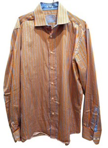 Bugatchi Uomo Dress Shirt Mens L Blue Orange Striped Shaped Fit Square Button-Up - Picture 1 of 8