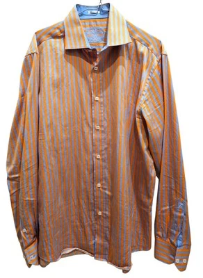 Bugatchi Uomo Dress Shirt Mens L Blue Orange Striped Shaped Fit Square Button-Up - Image 1 of 4