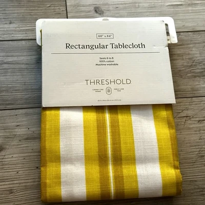 Threshold Rectangular Tablecloth Yellow Gold White Stripe Cotton 60x84 New - Image 1 of 4