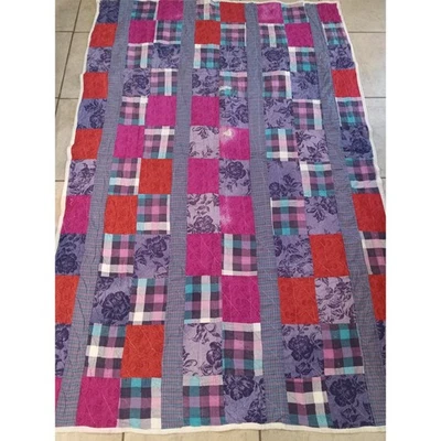 Vintage Patchwork Quilt Throw Blanket Colorful Floral Plaid Boho Cottage - Image 1 of 4