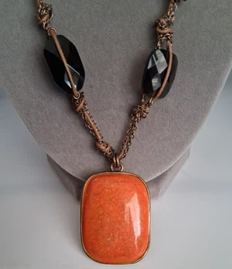 VINTAGE CHICOS ORANGE BLACK GOLD STONE DANGLE DROP PENDANT NECKLACE AUTUMN 20" - Picture 1 of 7