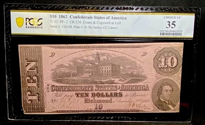 T-52 1862 Confederate States $10 Civil War Obsolete Banknote Currency, PCGS 35 - Image 1 of 4