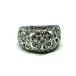 Vintage Flower Design Rhinestone Diamante Silver Metal Ring 1980' Size O1/2 - Picture 1 of 6
