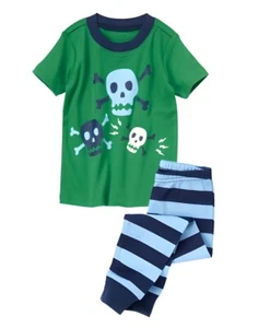 NEW Crazy 8 Boy's Green & Blue Skull & Crossbones 2 Piece Pajamas Sleepwear Set - Picture 1 of 2