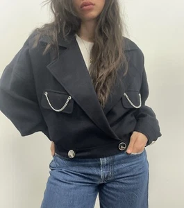 Vintage Ellen Tracy Pure Wool Dark Navy Bomber Jacket Silver Chain Detail Size M - Picture 1 of 15