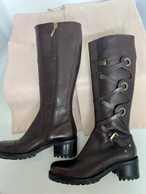 Cesare Paciotti 8 38 Brown Knee High Combat Leather Boots Lug Sole Red Lining - Image 1 of 4