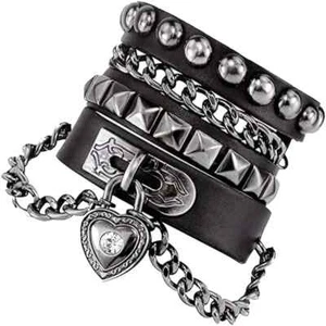 Punk Chain Bracelet, Goth Wristband with Heart, Rock and Roll Bracelet Q - Picture 1 of 5