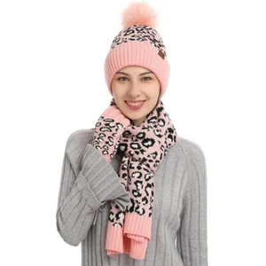 Thickened Leopard Knitted Scarf Hat & Touch Screen Glove Keep Warm 3 Piece Sets - Picture 1 of 12