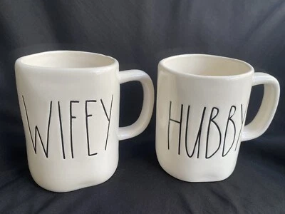 RAE DUNN Magenta Artisan HUBBY WIFEY Ivory Coffee Mug Cup Lot Of 2 - Image 1 of 4