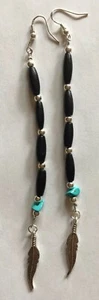 Beautiful Long Buffalo Horn Earrings W/ Feathers Handmade By Cactus Mountain - Picture 1 of 8