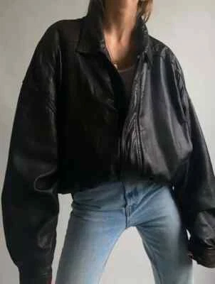 with tags Women 90s Oversized Black Bomber Leather Jacket   Women Biker  G2U - Image 1 of 4
