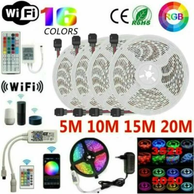 5/10/15/20M RGB LED Strip Lights Kit Smart WiFi Phone Control Alexa Google Home - Image 1 of 4